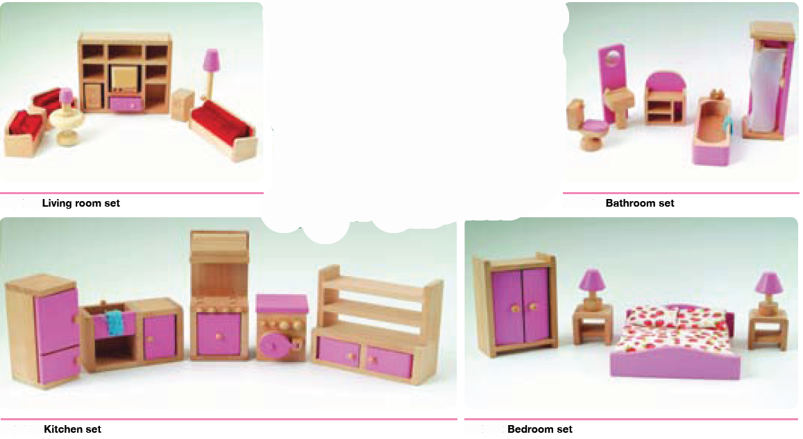 wooden doll house furniture for kitchen, bedroom, living and bathroom